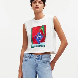 Madewell 100% Cotton Casual Muscle Tee Colorful Graphic Print, XS, Red & White